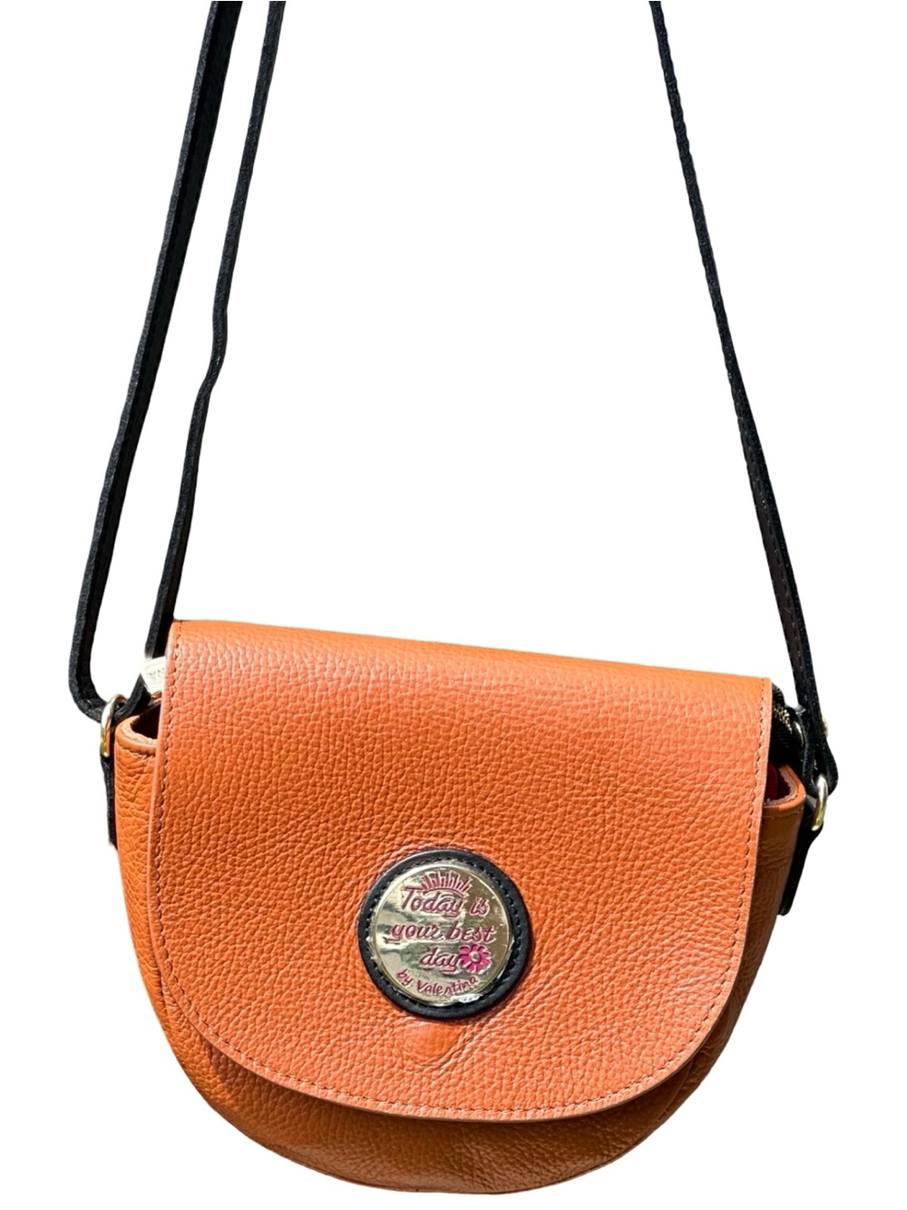 Valentina Orange Cognac Pebbled Leather Crossbody Saddle Bag - Made In Italy - Picture 2 of 16